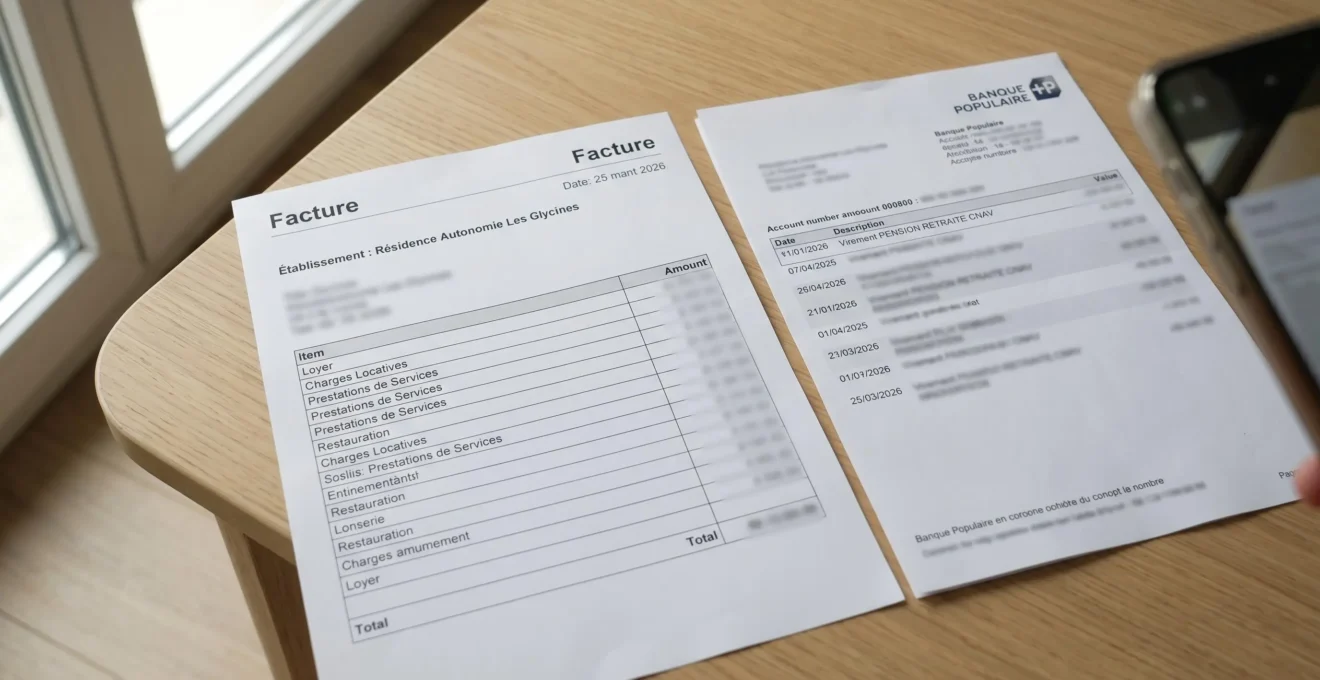 Gros plan d'une facture d'établissement médicalisé posée à côté d'un relevé bancaire sur un bureau blanc, éclairage naturel latéral
