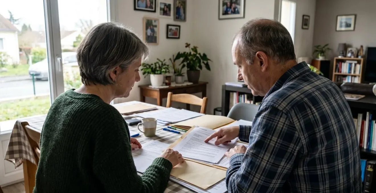 Deux adultes de profil consultent des documents administratifs sur une table, dans un intérieur résidentiel contemporain éclairé naturellement