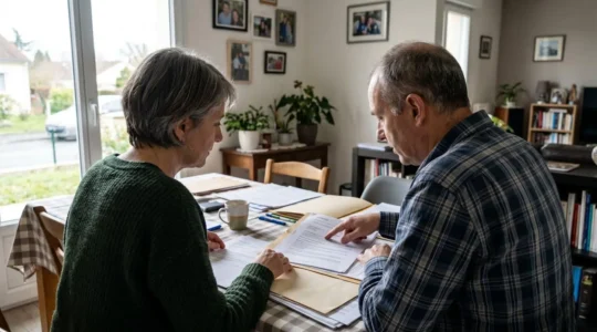 Deux adultes de profil consultent des documents administratifs sur une table, dans un intérieur résidentiel contemporain éclairé naturellement