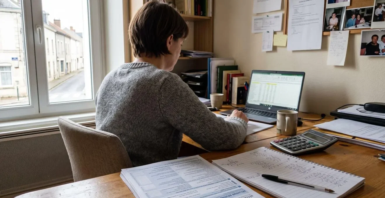 Vue de dos d'une personne effectuant des calculs fiscaux à un bureau, avec formulaire administratif français et calculatrice, éclairage naturel de fenêtre