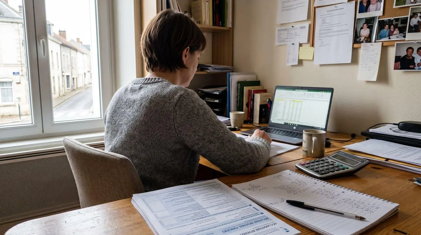 Vue de dos d'une personne effectuant des calculs fiscaux à un bureau, avec formulaire administratif français et calculatrice, éclairage naturel de fenêtre